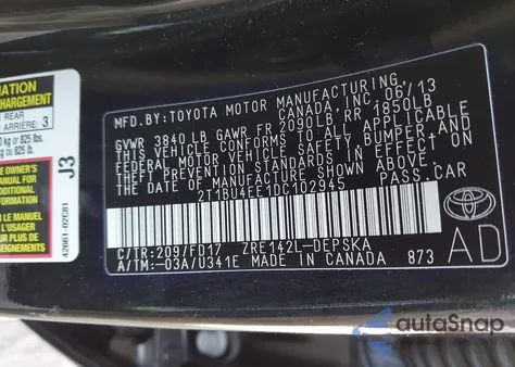 2013 Toyota Corolla S z USA, uszkodzony, nr VIN 2T1BU4EE1DC102945